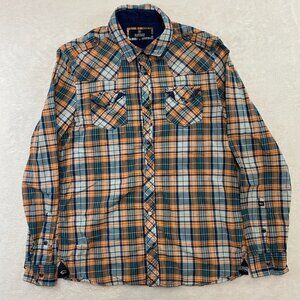 Buffalo David Bitton Mens Plaid Pearl Snap Shoulder Strap Orange Blue Shirt Sz M